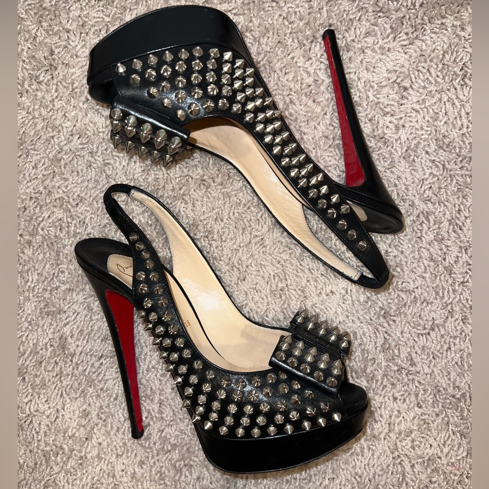 Christian Louboutin Black Lady Clou 150 Platform Peeptoe Pumps 38